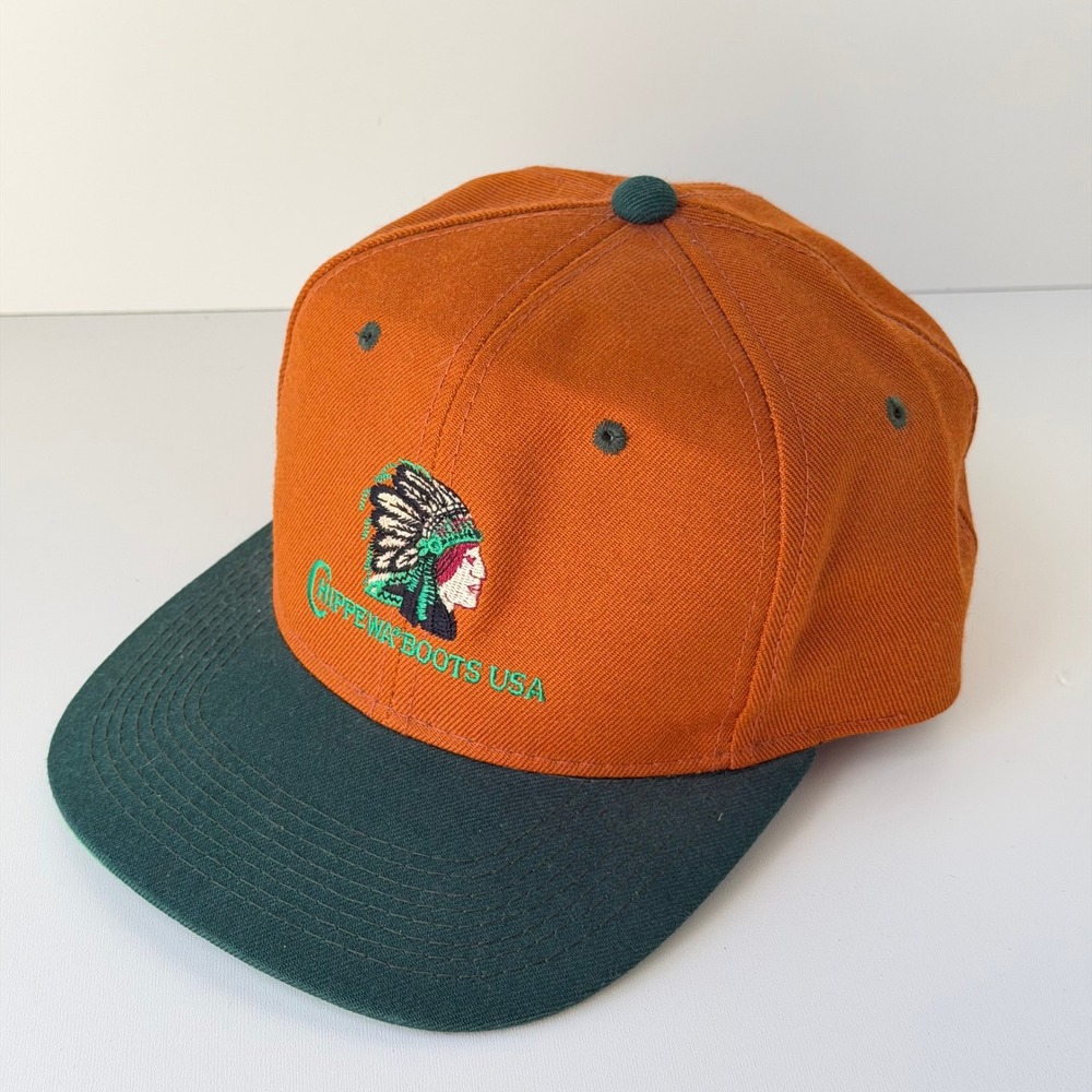 Vintage Chippewa Boots USA Snapback Hat Orange Logo Workwear Trucker Wool Blend